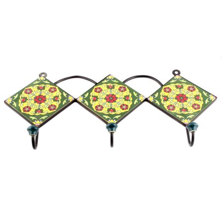 Forest Green And Yellow Round Ceramic Flower Tiles Hooks